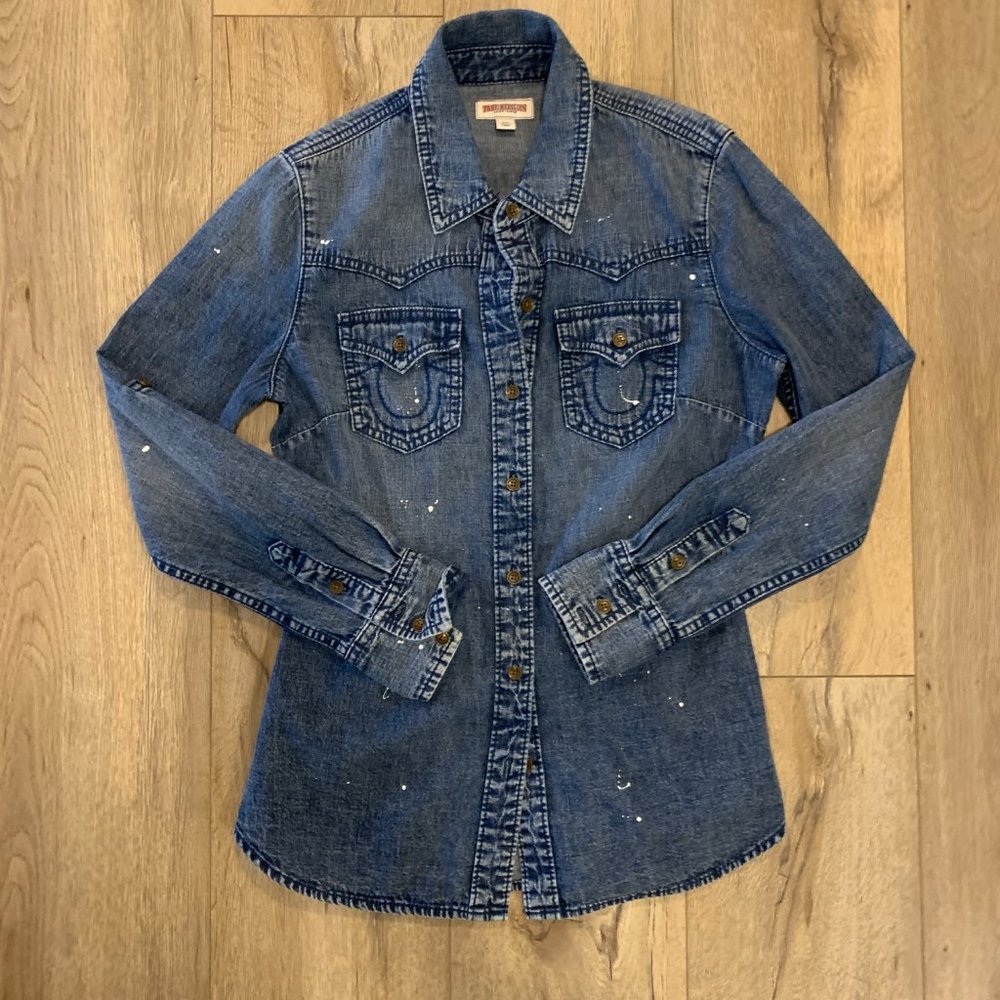 True Religion Paint Splatter Western Denim Shirt S